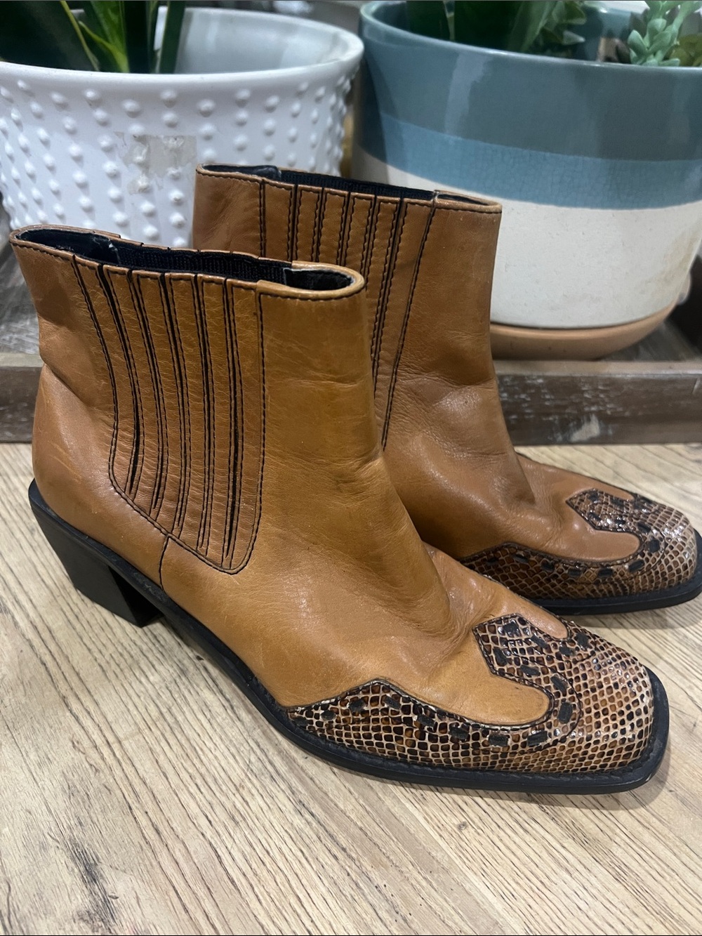 Women's Tan Leather Western Ankle Boots with Snake-Print Toe